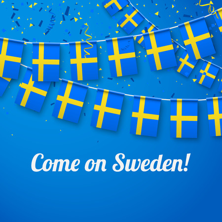 Come on Sweden! Blue festive background with national flags and confetti. Vector paper illustration.のイラスト素材