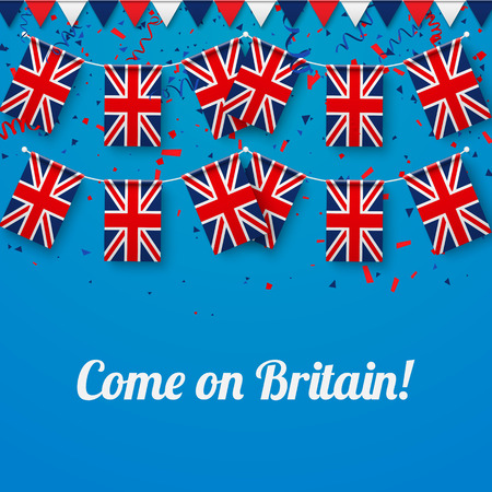 Come on Britain! Blue festive background with national flags and confetti. Vector paper illustration.のイラスト素材