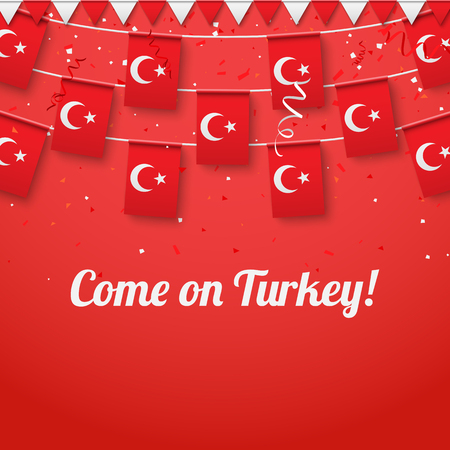 Come on Turkey! Red festive background with national flags and confetti. Vector paper illustration.のイラスト素材