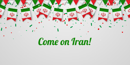 Come on Iran! White festive background with national flags and confetti. Vector paper illustration.のイラスト素材