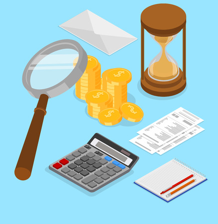 Accounting, audit, taxes and financial calculation. Workplace with money and calculator on blue background. Isometric illustration. Vector 3d design.のイラスト素材