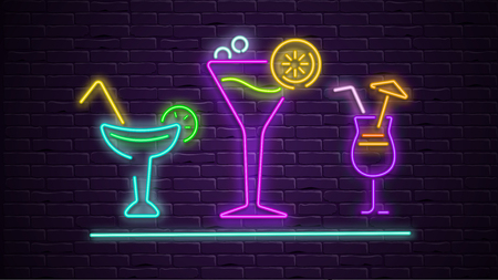 Cocktail party, bar or disco. Textured background with colorful neon cocktails decoration on purple realistic bricklaying wall. Vector illustration.のイラスト素材