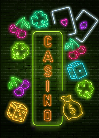 Green and orange neon luminous casino signboard on black realistic bricklaying wall. Textured background. Vector illustration.
のイラスト素材