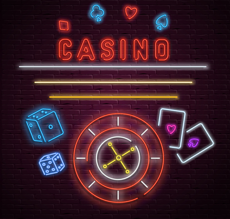 Red neon luminous casino signboard on black realistic bricklaying wall. Textured background. Vector illustration.のイラスト素材