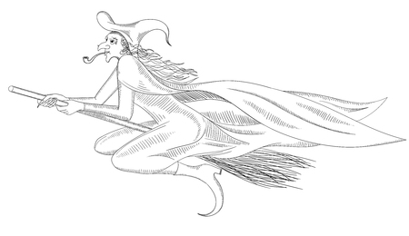 Black hand-drawn witch flying on broomstick sketch isolated on white background for halloween decoration. Vector paper illustration.
のイラスト素材