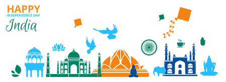 Happy independence day of India 15th August. White festive banner with colorful sights and pigeons. Greeting card. Vector paper illustration.

のイラスト素材