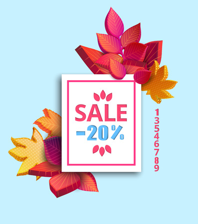 Blue autumn sale background with colorful spectrum leaves and numbers. Card or poster template. Graphic 3d design. Special offer and seasonal promotion. Vector gradient isometric illustration.

のイラスト素材