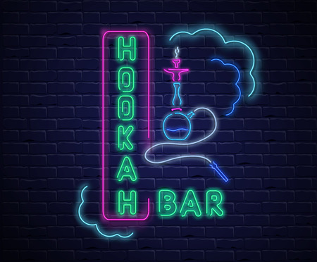 Hookah bar. Textured background with colorful neon decoration on black realistic bricklaying wall. Design for restaurant, cafe, or bar. Vector illustration.
のイラスト素材