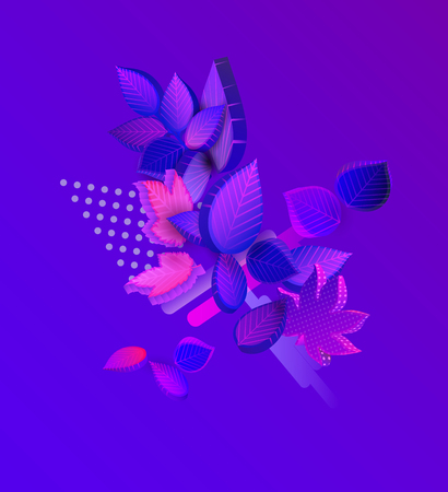 Purple autumn spectrum background with beautiful bouquet of leaves and geometric pattern. Card or poster template. Graphic 3d design. Vector gradient isometric illustration.


のイラスト素材