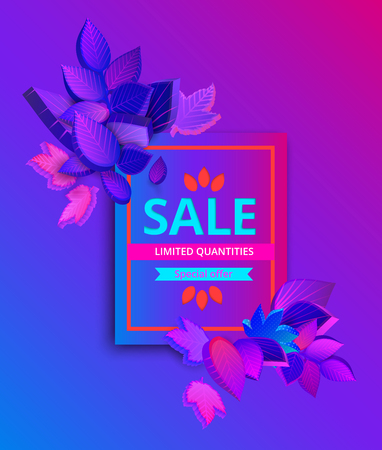 Purple spectrum autumn sale background with gradient leaves. Card or poster template. Graphic 3d design. Special offer, limited quantities and seasonal promotion. Vector isometric illustration.

のイラスト素材
