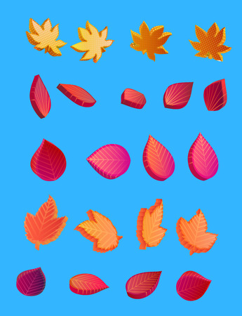Set of red, pink and orange autumn isolated isometric 3d leaves on blue background. Graphic 3d design. Vector illustration.

のイラスト素材