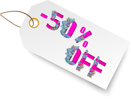 White tag with 50% off sale carved paper sign and beautiful eucalyptus blossom pattern. Vector illustration.のイラスト素材