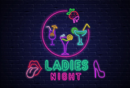 Ladies night. Textured background or signboard with colorful neon decoration on black realistic bricklaying wall. Vector illustration.のイラスト素材