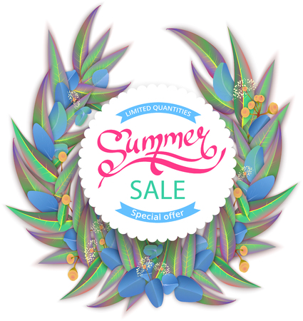 Summer sale paper sign with beautiful eucalyptus leaves and blossom on white background. Marketing and seasonal promotion template. Vector illustration.のイラスト素材