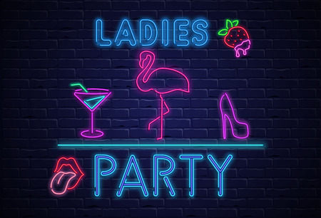 Ladies party. Textured background or signboard with colorful neon decoration on black realistic bricklaying wall. Design for club, disco or bar. Vector illustration.
のイラスト素材