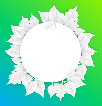 Green specrtum eco background with white round frame and leaves. Paper art style. Design template. Vector illustration.のイラスト素材