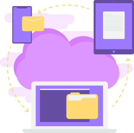 Connection, internet, local network and cloud storage capabilities. Information exchange. Presentation or poster template with devices. Vector illustration.のイラスト素材