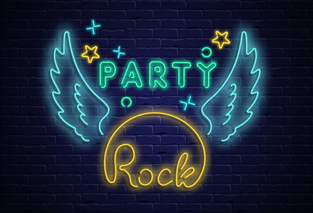 Rock party neon colorful signboard with wings on black realistic bricklaying wall textured background. Design template for club, disco, bar, concert, party. Vector illustration.のイラスト素材