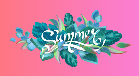 Pink spectrum summer background with beautiful bouquet of green leaves and blossom. Card or poster template. Graphic 3d design. Vector isometric illustration.のイラスト素材