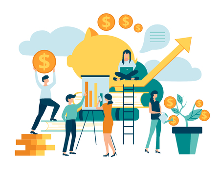 Group of people characters increase efficiency and income, make money on white background. Business, plans and goals. Teamwork, financial success, business, banking. Vector illustration, flat style.のイラスト素材