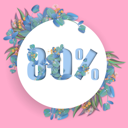 White round 80% sale carved paper sign with beautiful eucalyptus blossom on pink background. Vector illustration.のイラスト素材
