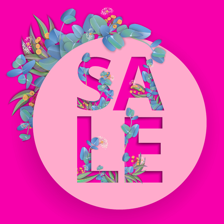 Round sale carved paper sign with beautiful eucalyptus blossom on pink background. Vector illustration.のイラスト素材