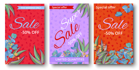 Red, orange and lilac sale 50% off cards with beautiful eucalyptus blossom. Promotion poster or booklet template. Vector paper illustration.のイラスト素材