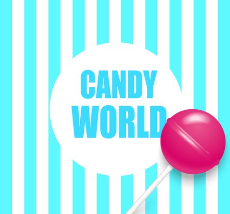 Candy world. Blue and white striped background with cute pink 3d lollipop. Vector illustration.のイラスト素材