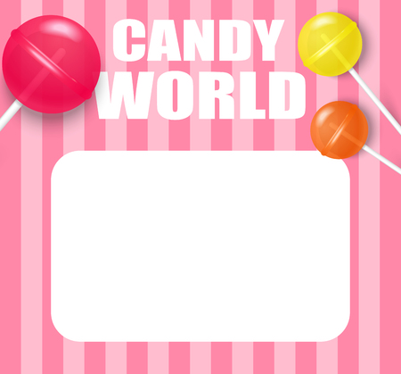 Candy world. Pink striped background with white frame and cute colorful 3d lollipops. Vector illustration.のイラスト素材