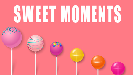 Sweet moments. Pink background with cute colorful 3d lollipops. Vector illustration.のイラスト素材