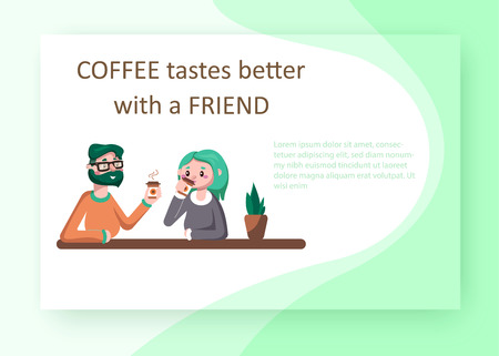 Coffee break. Coffee tastes better with friend. Two people drinking coffee at table. Paper card or poster. Landing page template. White and green gradient background. Flat style. Vector illustration.
のイラスト素材