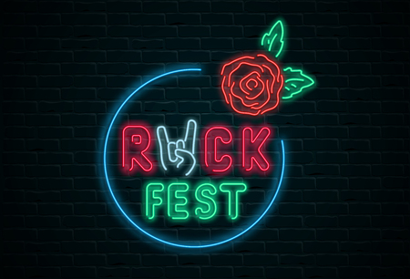 Rock fest neon colorful signboard on black realistic bricklaying wall textured background. Design template for club, disco, bar, concert, party, festival. Vector illustration.
のイラスト素材
