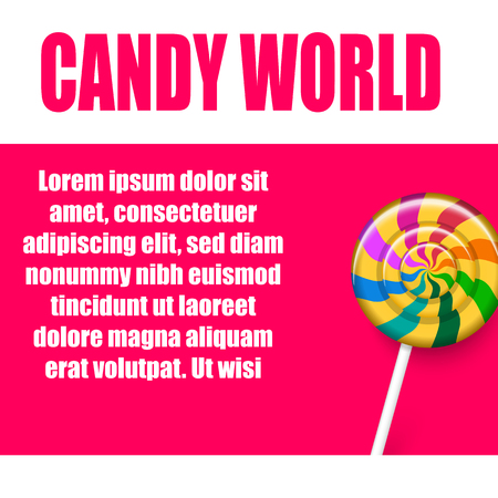Candy world. Pink and white background with cute striped lollipop. Card or poster template. Vector illustration.のイラスト素材