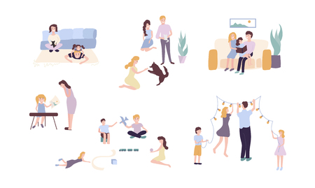 Set of characters showing happy family life situations. Relax, holidays together, celebration, games. Mother, father, daughter and son. Colorful vector illustration. Isolated characters, flat style.のイラスト素材