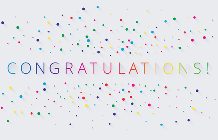 Spectrum congratulations lettering with colorful confetti or painted dots on white background. Greeting card or poster template. Vector paper illustration.のイラスト素材