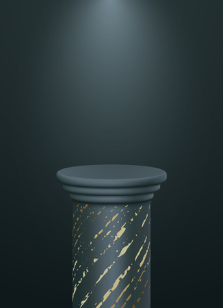 Round marble 3d podium, pedestal or platform with gold pattern and light isolated on black background. Empty stage template for product presentation. Vector illustration.のイラスト素材