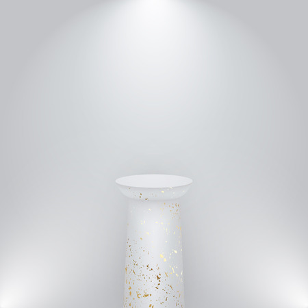 Round marble 3d podium, pedestal or platform with gold pattern and soffits isolated on white background. Empty stage template for product presentation. Vector illustration.のイラスト素材