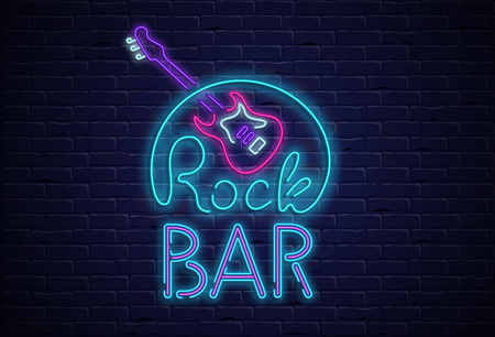 Rock bar neon colorful signboard with guitar on black realistic bricklaying wall textured background. Design template for club, disco, bar, concert, party. Vector illustration.のイラスト素材