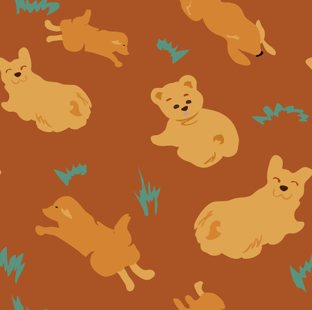 Orange seamless pattern with cute cartoon animals. Print for kids. Design template for wallpaper, fabric, textile. Vector background.のイラスト素材