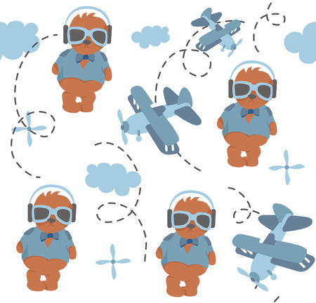 Seamless pattern with airplanes and cute cartoon bears. Print for boys, kids. Design template for wallpaper, fabric, textile. Vector background.のイラスト素材