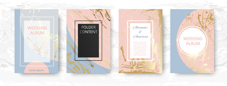 Cards with marble textured pattern. Set of blue and pink templates for album, cover, invitation, wedding decoration. Vector background.のイラスト素材