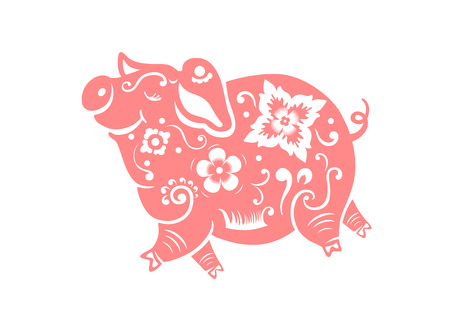 Cute pink pig isolated on white. Symbol of 2019 year. Template for greeting card. Vector background.のイラスト素材