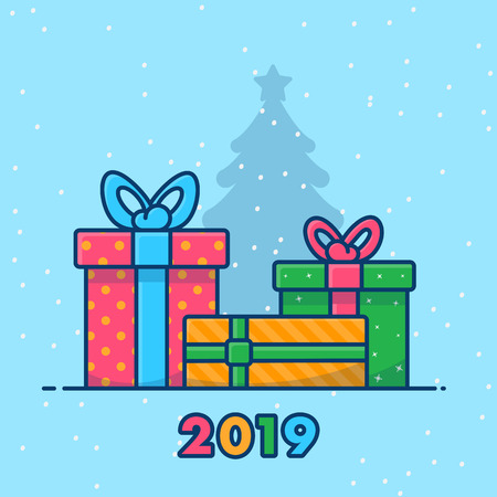 Happy New Year 2019 card with Christmas tree and gifts. Greeting card template. Vector background.のイラスト素材