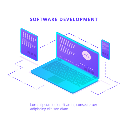 Software development. Landing page or presentation template with laptop and mobile devices. Vector background.のイラスト素材
