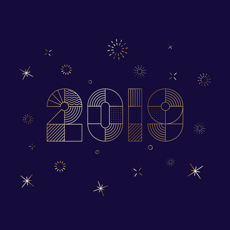 Purple 2019 New Year sign with snowflakes. Greeting card template. Vector background.のイラスト素材
