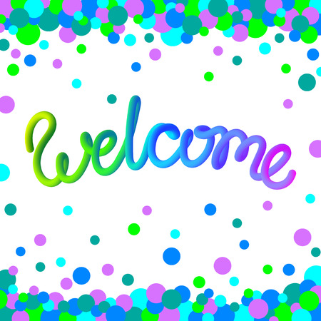 White welcome poster with neon spectrum inscription and confetti. Vector background or greeting card.のイラスト素材