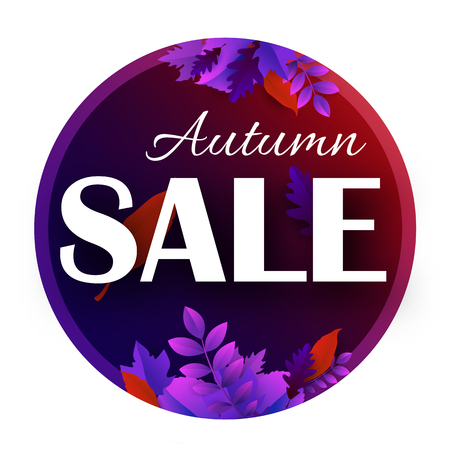 Autumn sale round poster with beautiful leaves. Promotion, marketing or advertising template for shop. Vector background.のイラスト素材