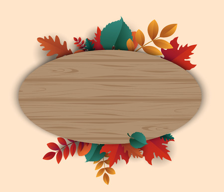 Oval wooden textured autumn background with beautiful leaves. Vector Ñard or poster blank template.のイラスト素材