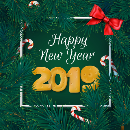 Green Happy New Year 2019 card with fir branches and candy canes. Greeting card or festive poster template. Vector background.のイラスト素材