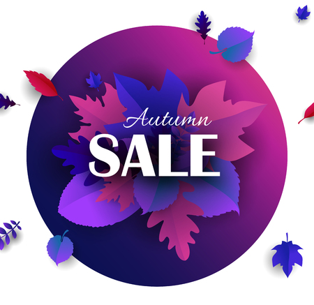 Autumn sale purple poster with beautiful leaves. Promotion, marketing or advertising template for shop. Vector background.のイラスト素材